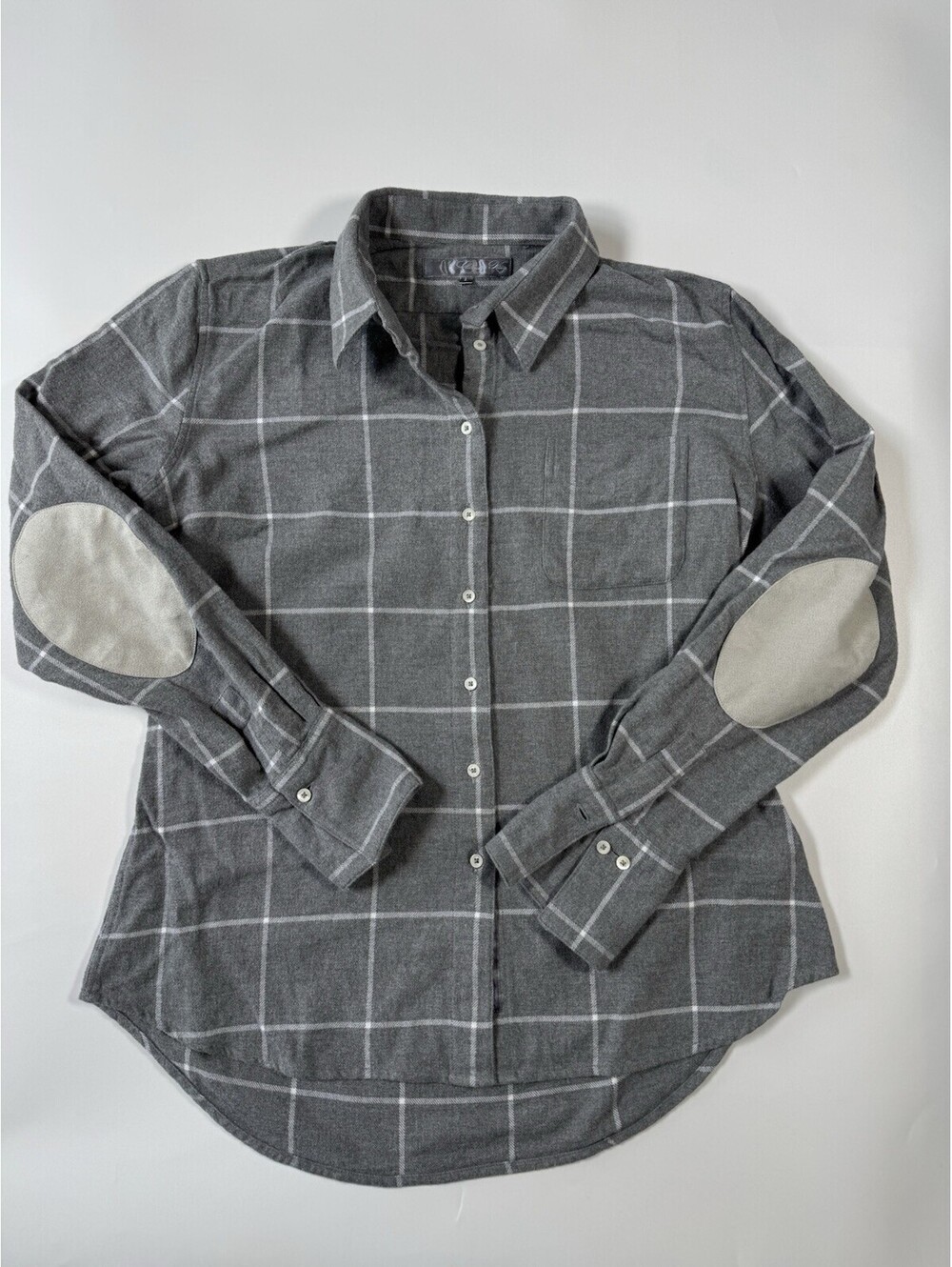 Claridge + King Women’s L Gray Plaid Flannel Shirt Elbow Patch 100% Cotton